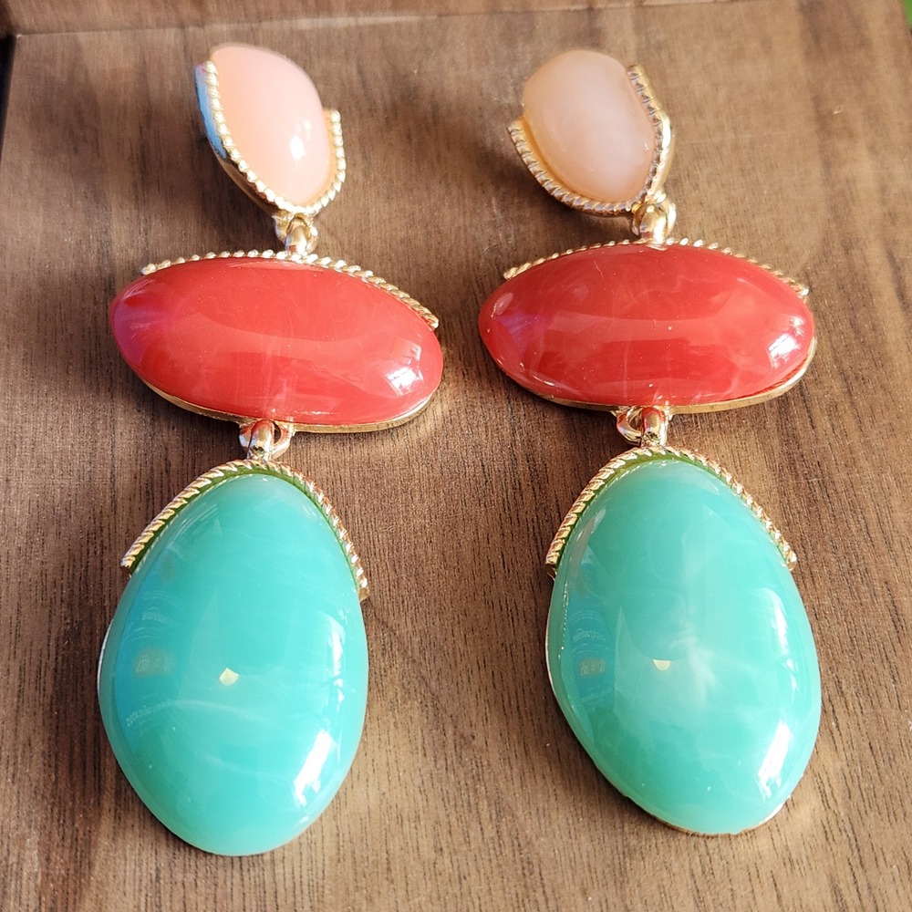 Multi Color Resin Drop Earrings Gold Tone Tiered Cabochon Peach Coral Mint Green